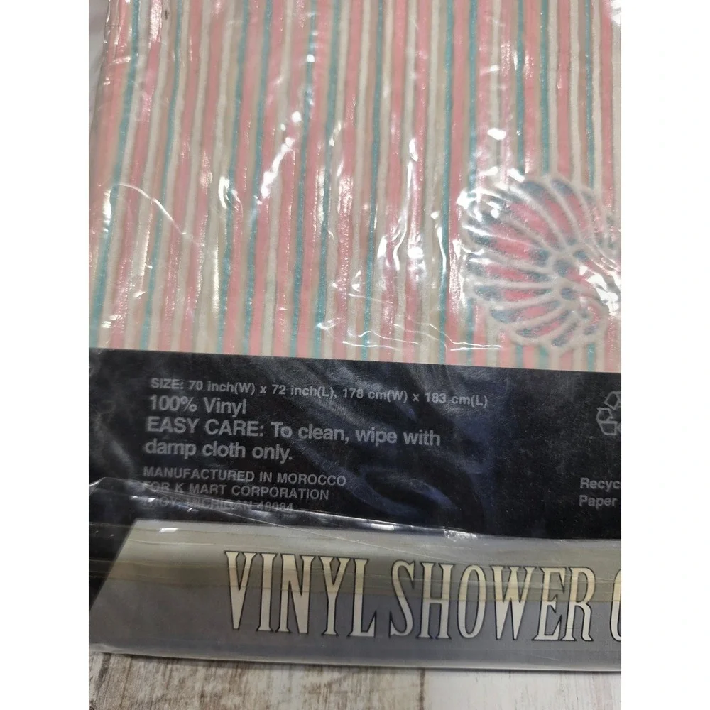 Vintage Kmart Shell Stripe Vinyl Shower Curtain Seashell Pastel‎ Pink Blue 70x72